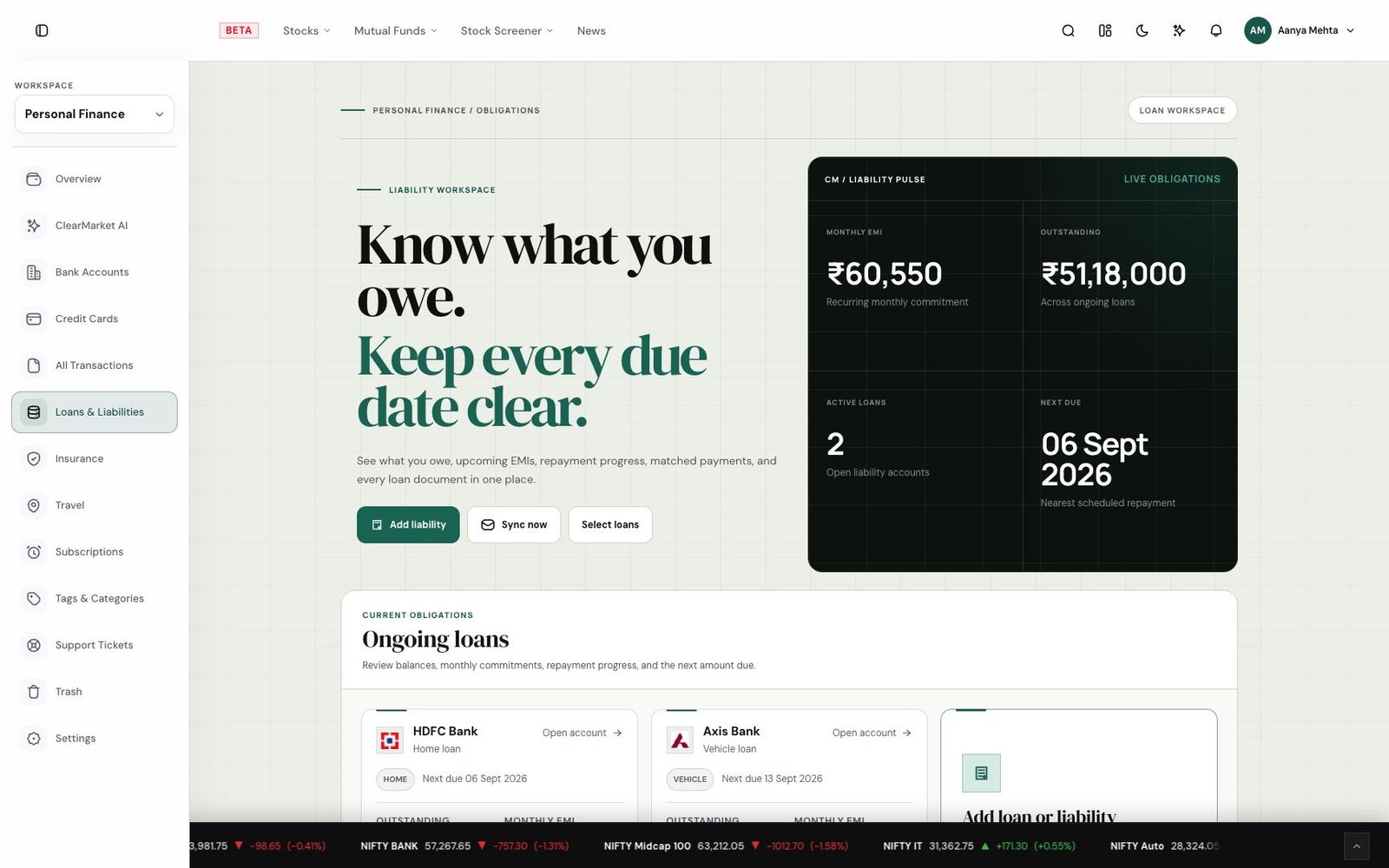 Actual ClearMarket liabilities workspace showing monthly EMIs, outstanding debt and upcoming due dates