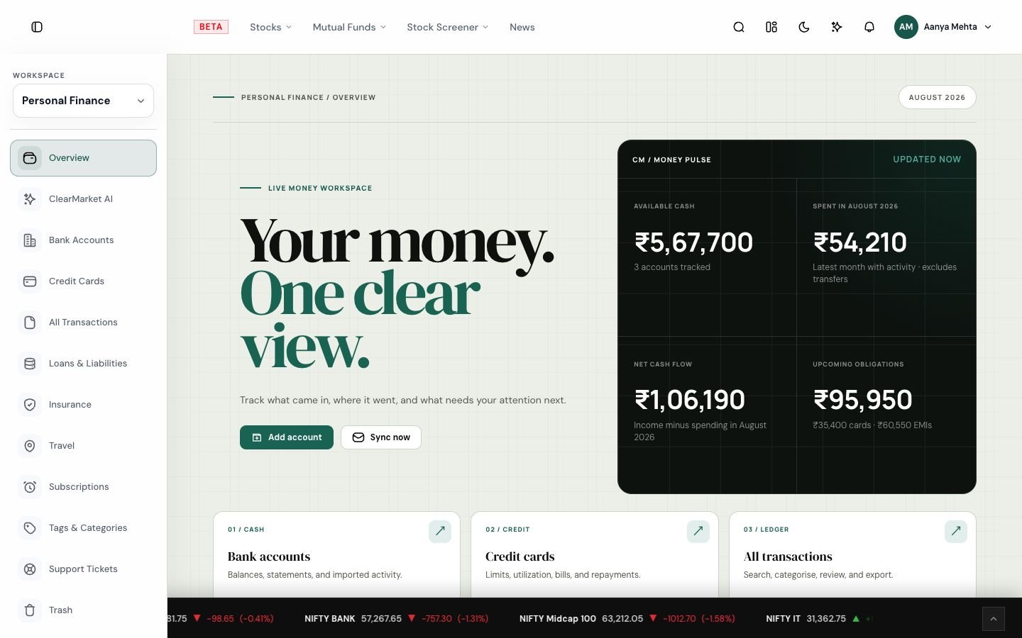 Actual ClearMarket personal finance workspace for sample user Aanya, showing cash, spending, cash flow and upcoming obligations