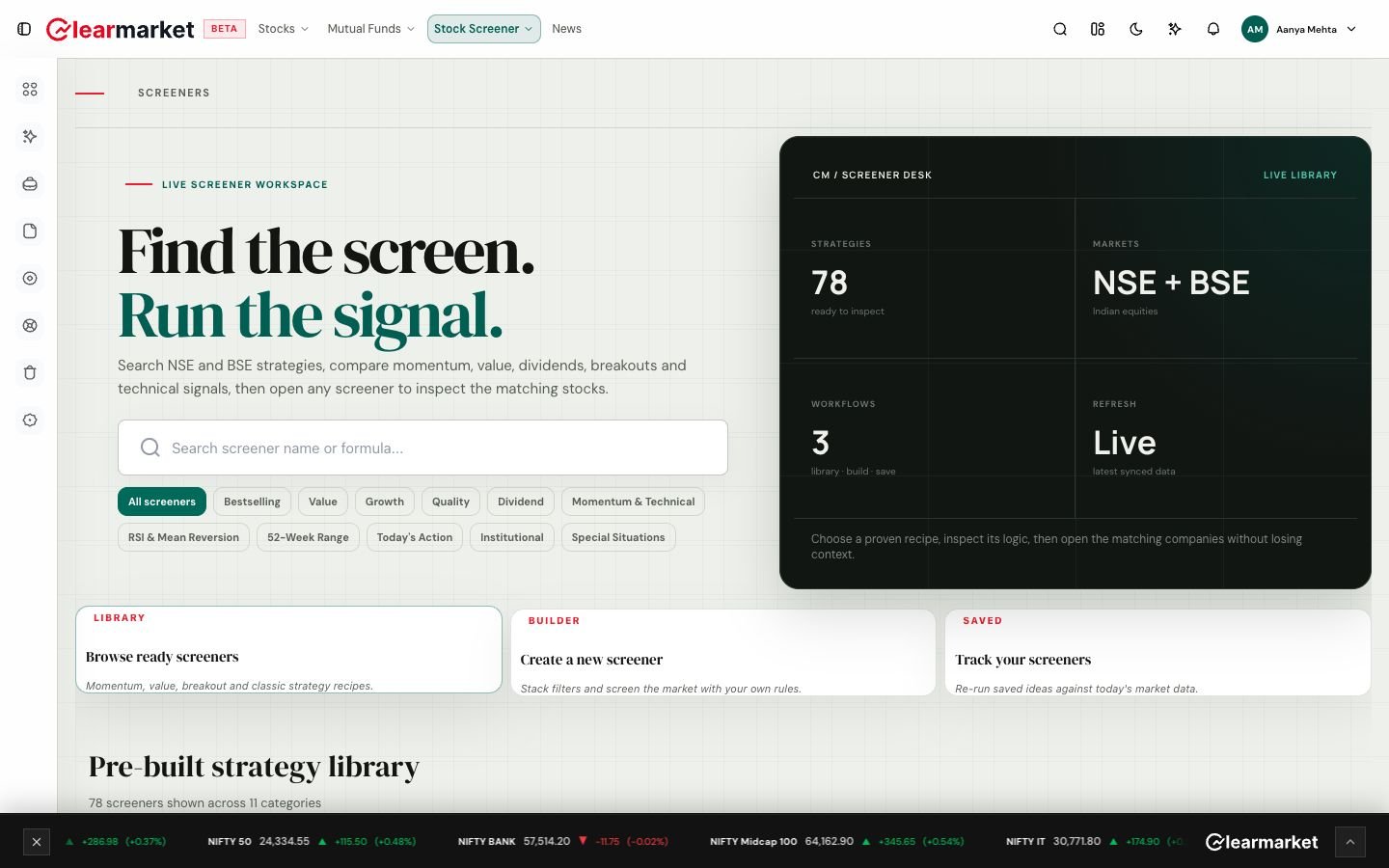 Actual ClearMarket screener workspace showing the strategy library and screener desk